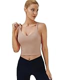 Oalka Sports Bra Womens Longline Padded Crop Tank Yoga Bras Workout Fitness Top Taupe Light Brown S