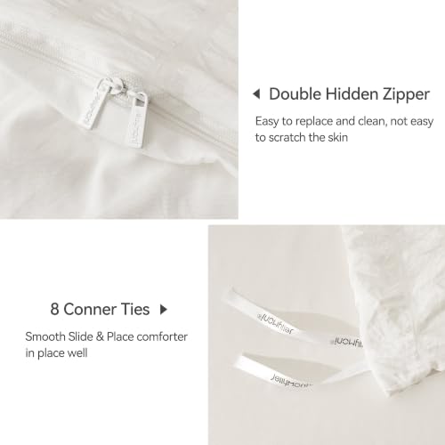 Image of JELLYMONI Seersucker Duvet Cover Set Queen, 3pcs White Polyester | In Master Bedroom, Couples Pick, Crinkled Texture, Oeko-Tex Certified, 8 Corner Ties & Hidden Zipper