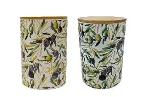 Générique Pot à Oignons Décoratif avec Motif Olives, Couvercle en Bois, Lot de 2