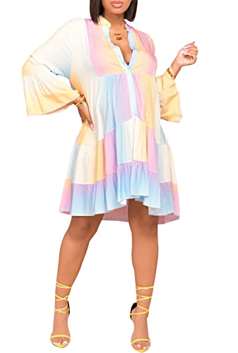 Image of FairyLove Women Wedding Ruffle Dresses Flowy Puffy with Deep V Neck Pleated Hem Lantern Long Sleeve Bell Sleeves