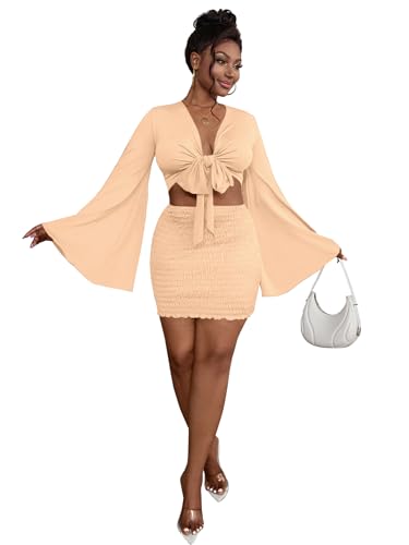 Image of LYANER Women 2 Piece Vacation Outfits Tie Knot Front Bell Long Sleeve Crop Top and Mini Skirt Summer Set