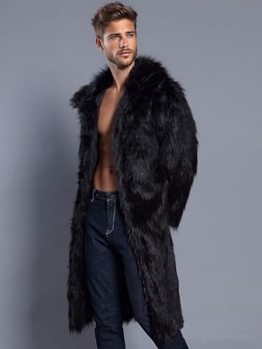 Image of FTIMILD Men's Long Faux Fur Coat Single Breasted Warm Winter Trench Coat Fluffy Thick Overcoat