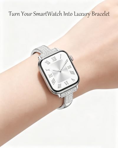 Image of VISOOM Silver Apple Watch Bands Iwatch Bracelet for Women 42 /44 /45 /46mm, Jewelry Metal T-Shaped Band for Dressy Apple Watch Series SE 11 /10 /9 /8 /7~1 Band Thin Slim Fancy Bling Women On Daily /Gift