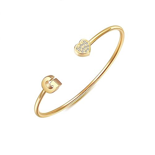 Image of VQYSKO Heart Initial Cuff Bracelets for Woman-CZ Stainless Steel Adjustable Open Bracelet Woman Jewellery,Birthday Gifts for Woman