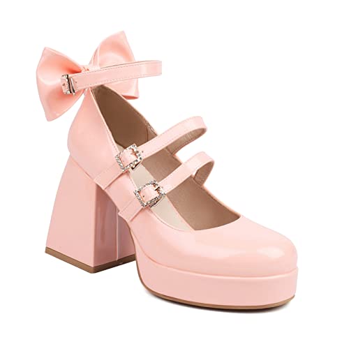 Women's Platform Block High Heel Bow Tie Sweet Lolita Shoes Round Toe Ankle Strap Mary Janes Pumps Goth Harajuku Kawaii Shoe