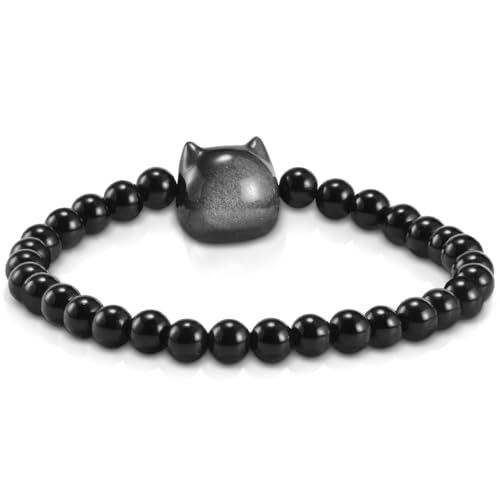 Aluckiss 6mm Obsidian Bracelets for Women Men 6.8 inch Round Cute Cat Head Beaded Stretch Bracelet Natural Gemstone Handmade Polishing Stone for Spiritual Healing Meditation Yoga