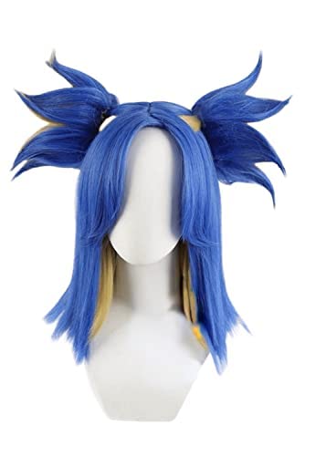 Peluca de cosplay de anime, peluca VALORANT, mezcla azul, amarillo y negro con orejas, peluca de pelo largo para pelucas de juego de rol neón con