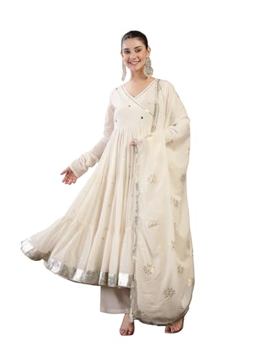 Image of Gulmohar Jaipur Women's Malmal Solid Angrakha Neck Anarkali Kurta Suit Set