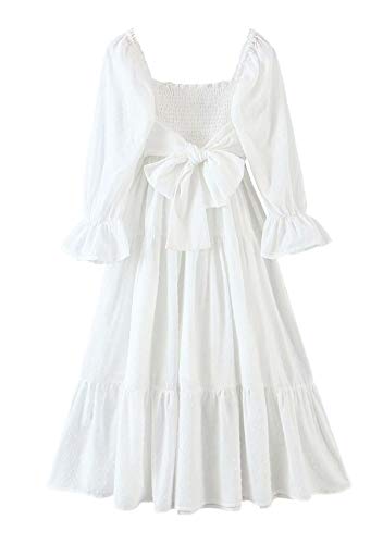 RVivimos-Womens-Summer-Cotton-Plaid-Puff-Sleeves-Bow-Casual-Off-Shoulder-Boho-Midi-Dress
