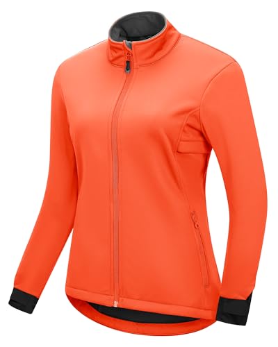 33,000ft Damen Fahhradjacke Wasserdichte Softshelljacke Winddichte Laufjacke Funktionsjacke Fleece Gefütterte Übergangsjacke Reflektierend Winter zum Radfahren, Laufen Orange L