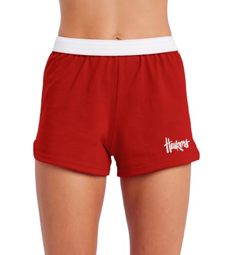 University of Nebraska School Logo - Team Color Womens Soffe Short, Elastic Fold Over Waist Shorts, Junior Fit, Red, Small