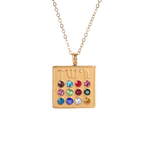 LIKGREAT Hebrew Inscription Birthstone Necklace 12 Tribes of Israel Breastplate Amulet Pendant Judaic Hoshen High Priest Jewelry (gold tone)
