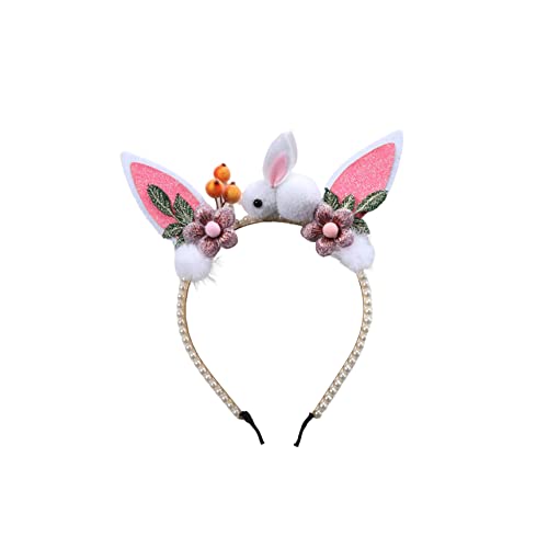 Bagkcopp Bunny Ear Headband With Flower, False Pearl Women Bunny Ears Crown Cosplay Easter Halloween Hair Accessory (Pink Flower + Bunny) #TOP10