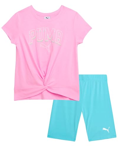 Image of PUMA Girls' Biker Short Set - 2 Piece Short Sleeve Crewneck Graphic Tee Shirt and Bike Shorts for Girls (Sizes: 7-14)