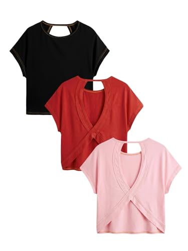 Image of RoseSeek Women's 3 Packs Open Back Tops T Shirt Criss Cross Cut Out Tee Short Sleeve Crewneck Summer Backless Tops