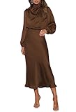 Pink Queen Women's Elegant Long Sleeve Satin Dress Mock Neck Elastic Waist Cocktail Party Wedding Guest Midi Dresses Coffee L