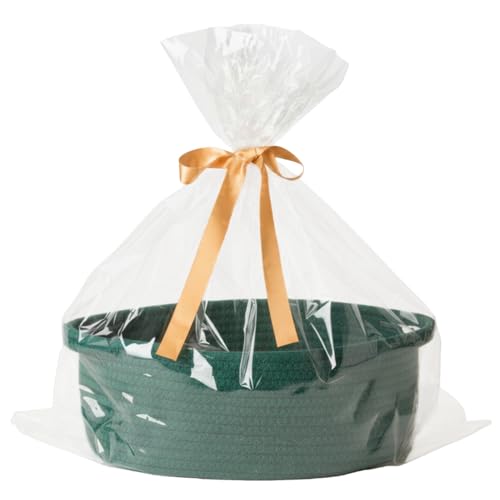 Kodomoore Small Woven Gift Basket Empty with Bag & Ribbon - Gifts for Mom Baby Shower Birthdays & Raffle - Cotton Rope Storage Basket for Dog Toys or Shelf - 12x8x5 Green