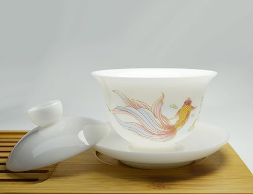 Image of Liang baobao Ice Jade White Porcelain Gaiwan,5oz Teacup Suet-fat Jade Porcelain Chinese Tea Cup Set for Gongfu Tea (fish)