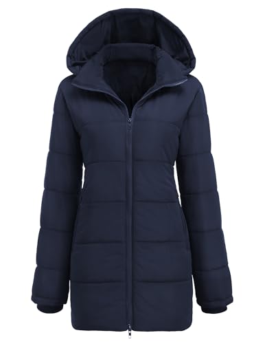 Hotouch - Abrigo de invierno largo para mujer, chaqueta acolchada con capucha, Slim Fit, chaqueta de invierno casual, resistente al viento, S-XXL, azul oscuro, L