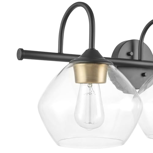 Image of Globe Electric 51853 3-Light Vanity Light, Dark Bronze, Antique Brass Accents, Clear Glass Shade, Beauty Room Accessories, Bathroom Lights Over Mirror, Makeup Mirror Lights, Bulb Not Included