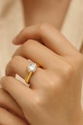Image of 2 Ct. Solitaire Moissanite Crown Cathedral Ring for Women, 925 Sterling Silver, 18k Gold Plated, Smooth Edge Band, Perfect Jewelry Gift for Her