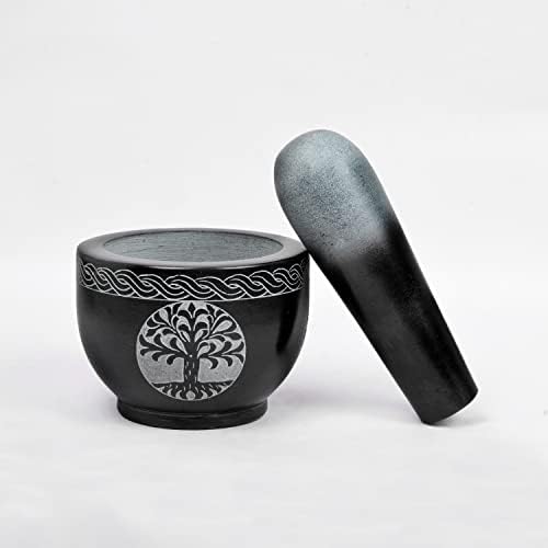 Samhita Tree of Life Natural Stone Mortar & Pestle Mortar Diameter- 9.52cm x 6.98cm, Pestle-12.7cm x 3.81cm