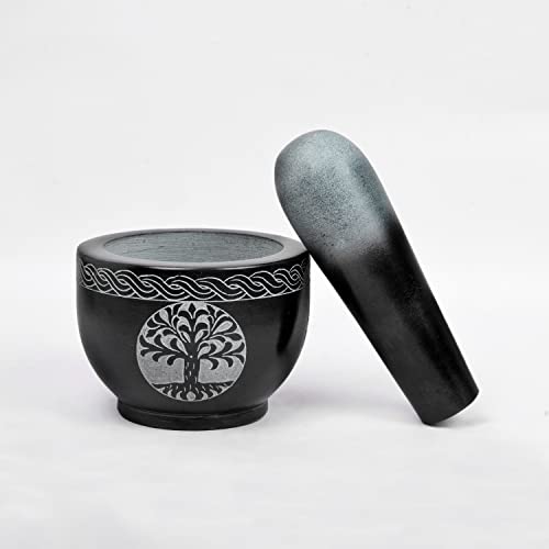 Samhita Tree Of Life Natural Stone Mortar & Pestle Mortar Diameter- 3.75"X 2.75" Pestle-5" X 1.5" #TOP4