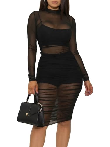 Women 3 Piece Outfits Sexy Crop Top Short Set Mesh See-Through Ruched Bodycon Midi Dress Clubwear Black XL