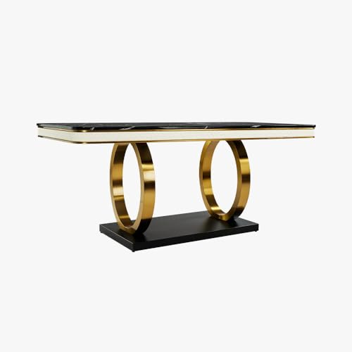 Image of 6-Seater Dining Table with Nano Composite Marble Top and PVC Golden Wooden Base |2yr Warranty - Includes 6 Fabric Upholstered Chairs (Grey&Cream)