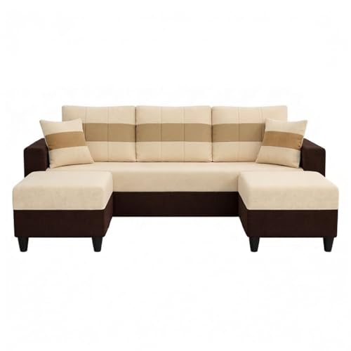 Image of Cavona 5 Seater L Shape Sofa Set with 2 Movable Ottomans | Flexible Layout | Luxury Velvet Suede Fabric | Modern Living Room Sofa | Dark Brown-Cream-Beige