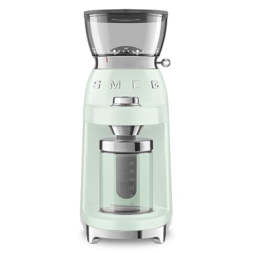Image of SMEG CGF03 Burr Coffee Grinder, Electric Conical Burr Grinder with 15 Grind Settings, 8 Presets, 240g Bean Hopper, Espresso, Moka & Drip Coffee Grinder, 50's Retro Style (Pastel Green)