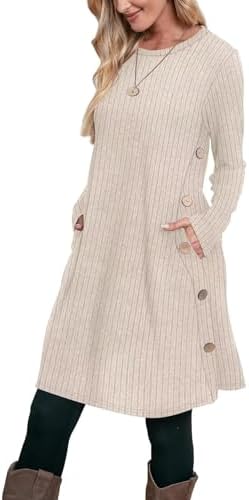 Aokosor Strickkleid Damen Langarm Kleider Pulloverkleid für Damen Tunika Kleid Winterkleid mit Knöpfen und Taschen