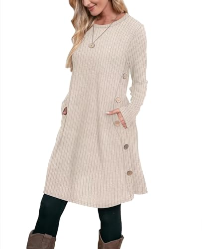 Aokosor Pulloverkleid Damen Langarm Kleider Strickkleid für Damen Winterkleid Tunika Kleid Jumper Kleid mit Knöpfen und Taschen Streifen Khaki XL