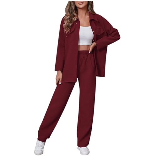 2 Piece Outfits For Women Casual Long Sleeve Button Dwon Shirts And Wide Leg Pant Lounge Set Tracksuit Sets