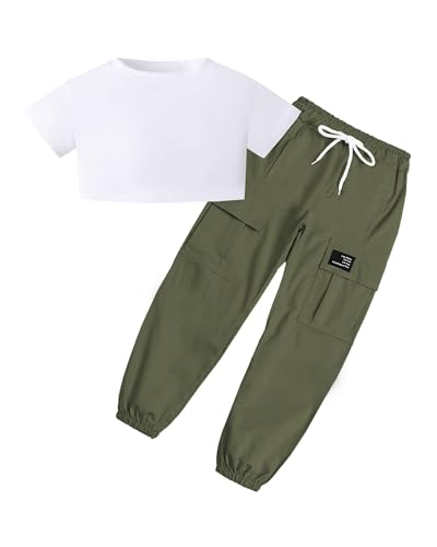 Image of SANGTREE Kids Girls 2 Piece Outfit, Crop Top T-Shirts and Cargo Pants Tracksuits Set, White Army Green, 13-14 Years = Tag 170