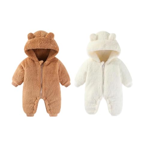 Image of AiWMGL White and Brown 0-3 Months Newborn Baby Bear Outfit Suit Girls Boys Fleece Jumpsuit Romper Hooded Winter Snowsuit Clothes
