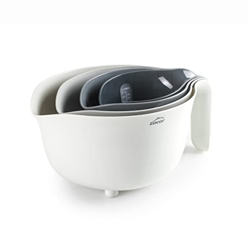 LACOR - 62633 - Set 4 boles PRACTIC 100% libre BPA, Bol Mezclador (3,5L), Escurridor (2L), 2 jarras medidoras (1/0,5L), Apilable, Apto para Lavavajillas, Ø 22 x 15 cm, Blanco, Gris