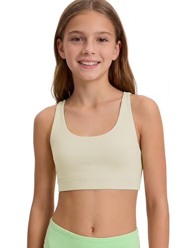 Stelle Girls Sports Bra Training Bras Scoop Neck Athletic Cross Back Yoga Bra Dance Crop Top Creme 10-11 Years