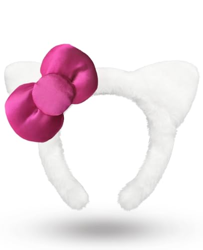 MKPEMEBR Kitty Headband with Pink Bow Cute White Cat Ears Hairband Chirtmas Presents for Adult