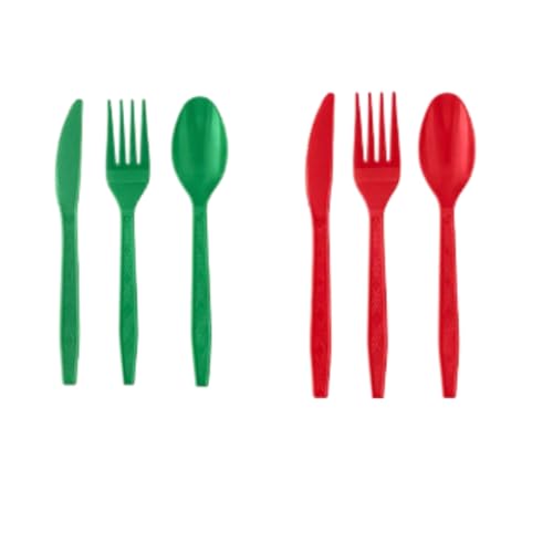 2 Pack Bundle Green Red Plastic Utensils Combo Pack - 96 Count Parties Events Durable Disposable Cutlery Cook Serve Kitchen