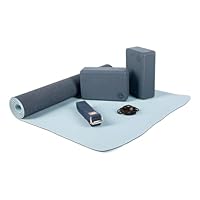 Bodhi Yoga Starter-Set Komplett | Rutschfeste Yogamatte aus TPE inkl. 2 Yogablöcken aus Eva (Moosgummi) und 1 Yogagurt aus Baumwolle | Einsteiger-Set für Yoga-Anfänger | dunkelblau/hellblau