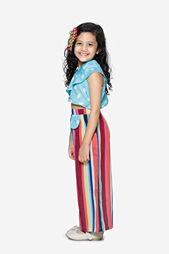 Image of LILPICKS Girls' One Side Shoulder Polka Top with Striped Palazzo Set (Powder Blue & Multicolor)