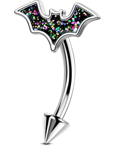 OUFER Bat Halloween Rook Piercing Jewelry, 316L Surgical Steel Eyebrow Piercing Jewelry, Multicolor Glitter Rook Earrings for Women, Hypoallergenic Eyebrow Rings, 16G 8mm Curved Barbell