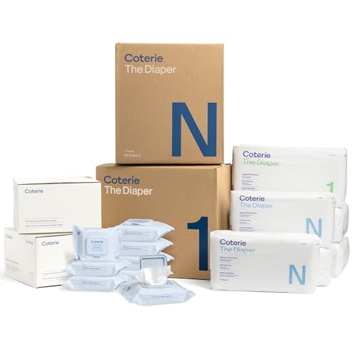 Image of Coterie Baby Diapers + Wipes Kit, Size 1 (99 Count) Size Newborn (93 Count) 8 Travel Wipe Packs (144 Count) Made with Plant-Based Fibers, Hypoallergenic, Designed for Sensitive Skin, Clean Ingredients