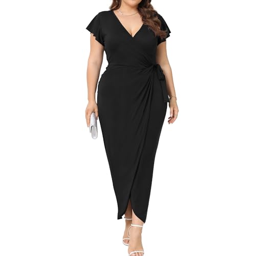 2025 Womens Deep Cross V Neck Ruffle Sleeve Tulip Hem Plus Size Work Cocktail Party Elegant Ruched Long Wrap Dress