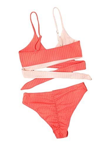 Women's 2 Piece Colorblock High Waisted Wrap Spaghetti Strap Summer Swimsuit Bikini Set4