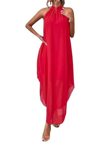 Image of Verdusa Women's Wedding Guest Dress Halter Flowy Chiffon Long Bouncy Dress | Cocktail Dress, Asymmetrical Dress for Women, Sleeveless, Prom Dress, Cruise Outfits, Boho