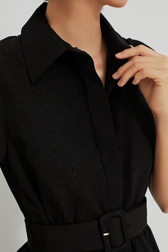 Image of Ladyful Women Casual Button Down Shirt Dress Short Wing Sleeve Buiness Midi Shirt Dress with Belt Elegant Dress