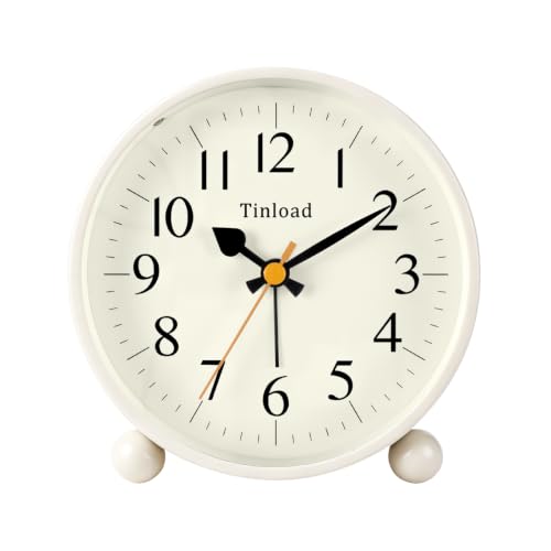 Image of Tinload 4.5 inch Vintage Retro Analog Alarm Clock, Super Silent Non Ticking Small Clock with Manual Light, Snooze, Battery Operated, for Living Room, Bedroom, Bedside, Desk(Cream)