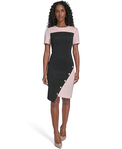 Image of Tommy Hilfiger Women's Short Sleeve Jewel Neck Colorblock Studded Asymmetrical Hem Crepe Mini Dress
